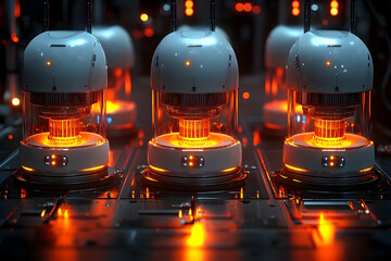 Futuristic devices glow warmly. Metallic platform holds capsules with radiating energy