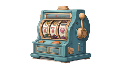 A digital illustration depicting a vintage slot machine. The machine is teal with gold accents. The reels display the numbers 7, 7, and 7.  The style is reminiscent of classic slot machines,