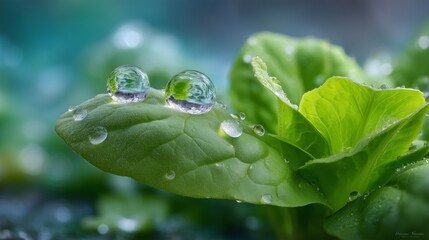 Raindrops on fresh green lettuce leaves close-up nature photography serene environment macro view beauty of plants
