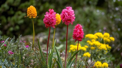 Obraz premium Vibrant Pink and Yellow Alpine Flowers in Bloom