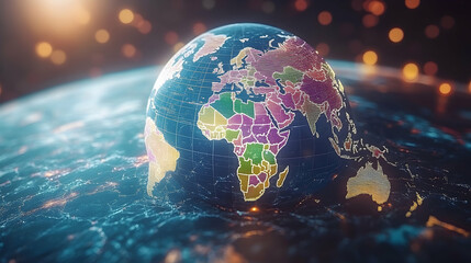 Earth depicted as a fractured, yet vibrant, globe over a luminous, blurred horizon with bokeh lights in the background