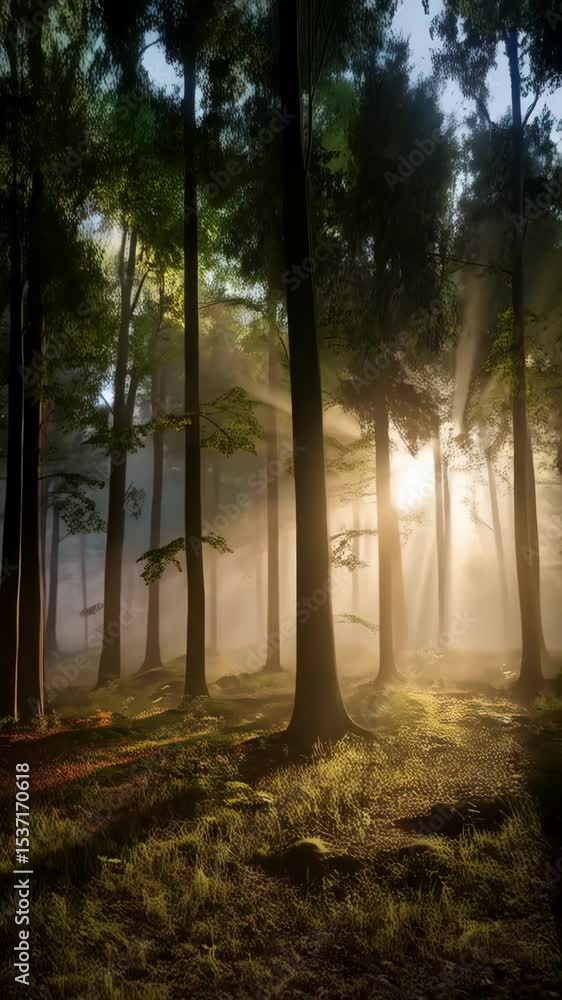 Poster sun rays pierce through misty forest with tall trees, creating a serene and enchanting atmosphere in