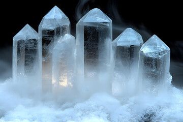 Several clear crystal formations are surrounded by fog or smoke on a black background