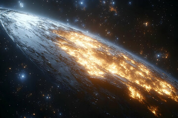 Glowing cities light up a terrestrial planet seen from space, set against a backdrop of distant stars