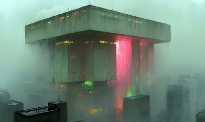 Huge brutalist building with neon light, shrouded in fog, rising above city