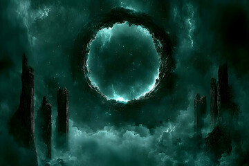 An ethereal, surreal landscape featuring a glowing circular anomaly amidst pillars and swirling clouds in a teal and dark palette