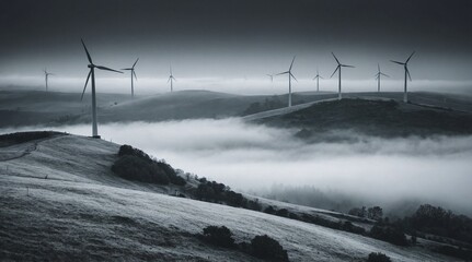 Wind Turbine on Foggy Hilltop Landscape