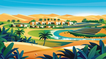 Obraz premium A conceptual illustration of a green oasis in a desert landscape, with solar-powered irrigation systems and shaded eco-villages, surrounded by date palm groves and sand dunes under a clear blue sky