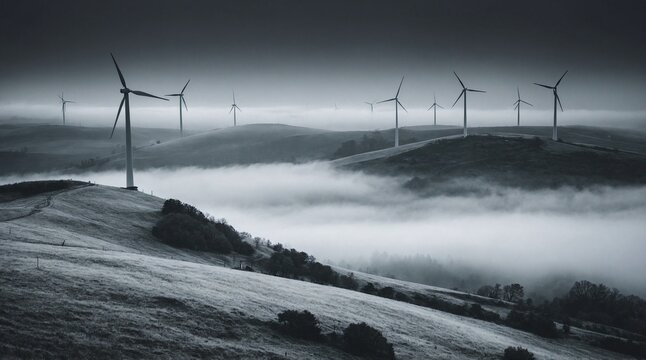 Wind Turbine on Foggy Hilltop Landscape
