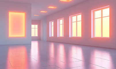An empty white room with multiple windows and a soft, warm, colored light casting shadows