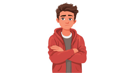 A digital illustration depicting a young man with brown hair wearing a red hoodie. His arms are crossed across his chest, and he has a serious, pensive expression on his face. 