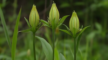 Three Green Flower Buds Closeup Nature Photography