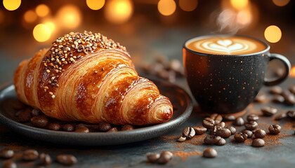 A tasty croissant, sprinkled, and coffee in black mug on dish, with spilled coffee beans. Bokeh background