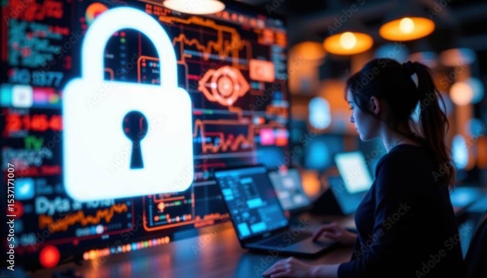 Poster cyber security measures in action office space digital art tech environment side view data protectio