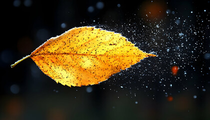 Glowing yellow leaf floats with blurred background and sparkly water droplets
