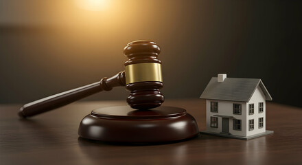 Gavel and Miniature House on Wooden Surface