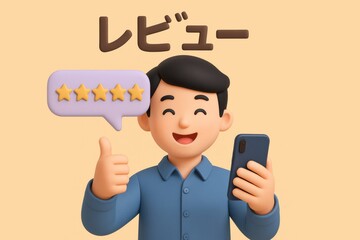 Happy man giving thumbs up with five star review and smartphone