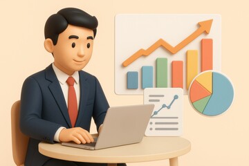 Businessman working on laptop with charts and graphs showing growth
