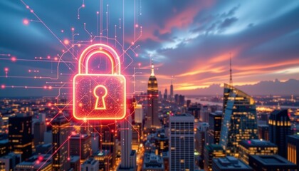 Digital Lock Icon Hologram Over City Skyline at Sunset Technology Illustration Urban Environment