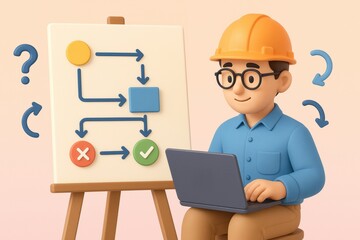 Engineer with laptop analyzing flowchart with decision symbols