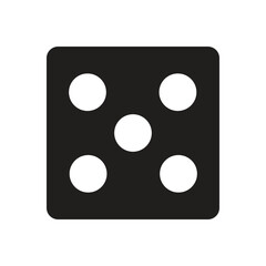 A clear and simple black die displaying the number five with distinct white pips, ideal for gaming or numerical concepts