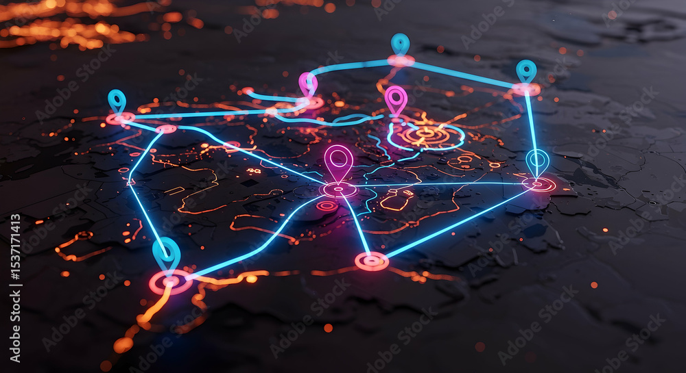 Poster Global Network Connections: Neon Lines and Points on Dark Map
