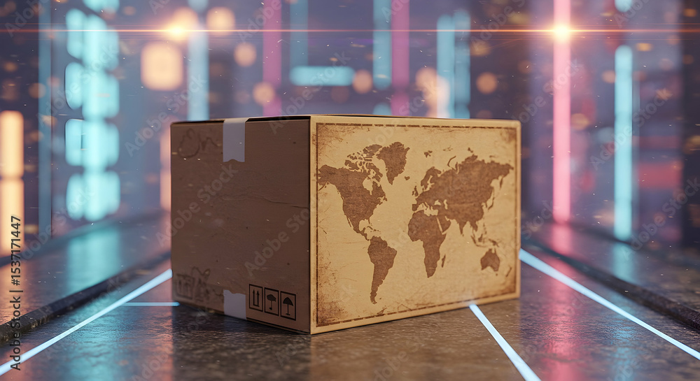 Poster Global Shipping Cardboard Box with World Map on Futuristic Background