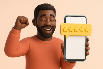 Happy man holding smartphone with five star rating and celebrating