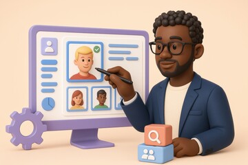 Man selecting profile on computer screen with digital interface