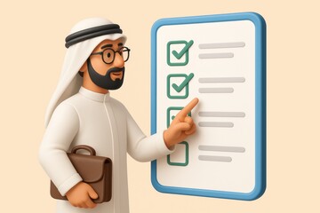 Arab man with checklist and briefcase showing progress