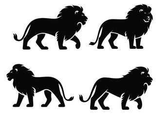 Black vector silhouettes of lions and other wild and farm animals in a collection set