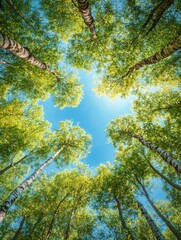 Fototapeta premium Sunlit forest canopy with tall trees and clear blue sky