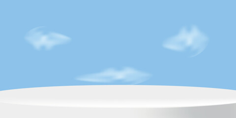Podium 3d realistic with realistic clouds on blue background. Banner for sale, promotion. Vector illustration