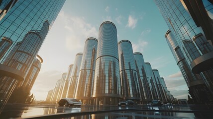 Futuristic Cityscape with Glass Buildings and Autonomous Vehicles on a Glossy Surface