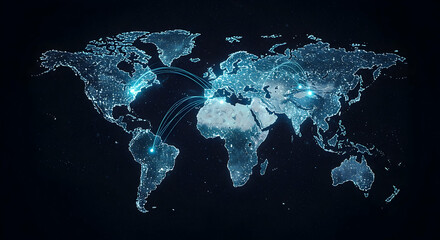 Glowing Blue Digital World Map on Dark Background