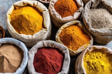 Vibrant spice market scene featuring colorful turmeric, chili powder, and cumin in open sacks