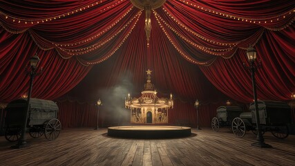 A Theatrical Stage with Red Velvet Curtains, Ornate Carousel, and Antique Carriages Under Gentle Lighting