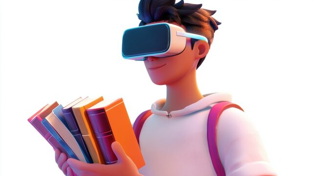 Person wearing VR headset holding books, blending virtual reality with traditional learning.