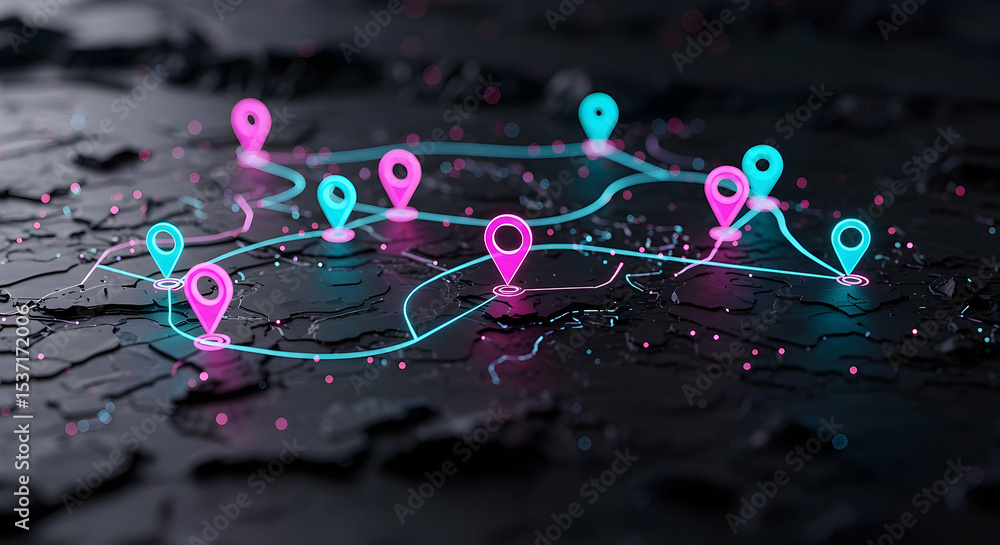 Poster glowing pink and blue location pins connected on dark abstract 3d map