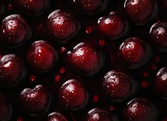 fresh red cherries top view background, flat lay fruit texture
