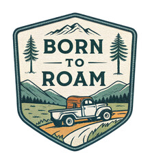 Adventure in nature classic truck roaming through scenic mountains and pine forests. Patch concept png