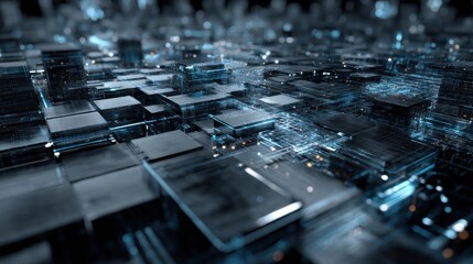 Abstract digital landscape with illuminated, reflective surfaces and interconnected structures