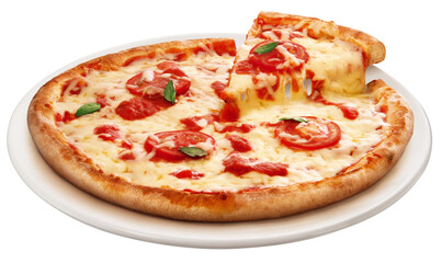 prato com pizza de queijo, tomate e manjericão isolado em fundo transparente