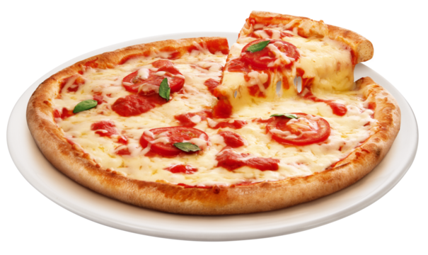 prato com pizza de queijo, tomate e manjericão isolado em fundo transparente