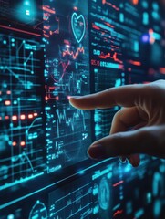 hand interacting with digital healthcare application, showcasing data analysis and machine learning for diagnostics. interface displays various health metrics and graphs