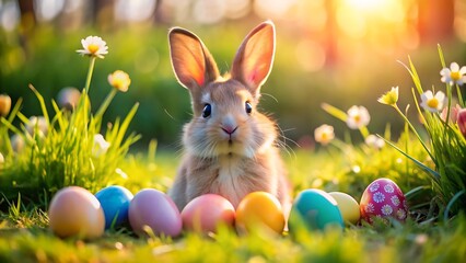 Fototapeta premium A cute brown bunny sits in the grass surrounded by colorful easter eggs and spring flowers