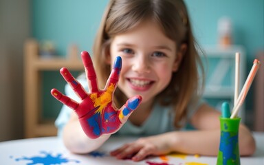 little girl painting with hands