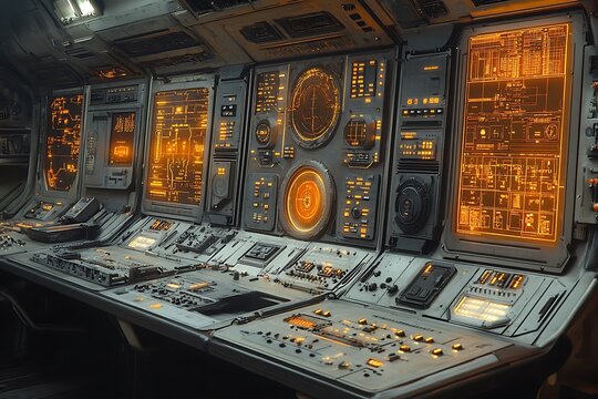Futuristic control panel with glowing screens and detailed instrumentation for a science fiction setting