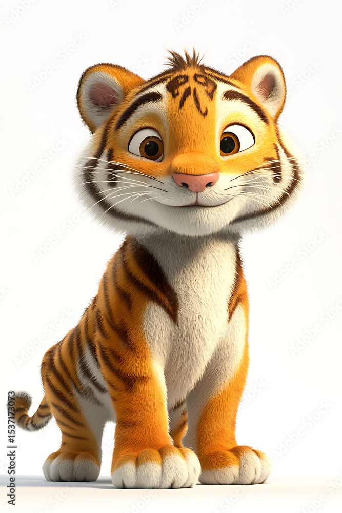 Poster cute animated tiger character standing confidently with a friendly expression in a bright background