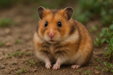 Adorable hamster on dirt ground.